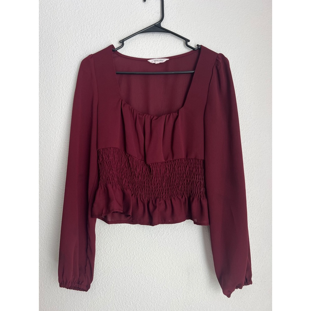 Amaryllis Burgundy Smocked‎ Square Neck Peplum Blouse Long Sleeve Women's Small